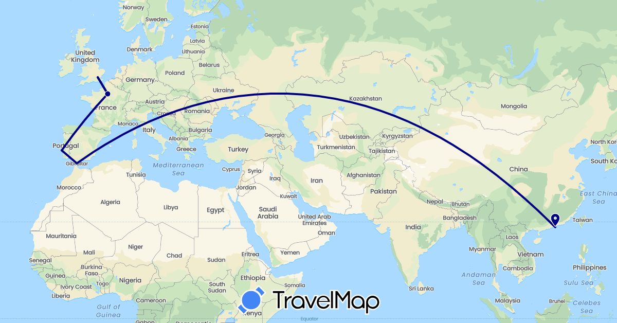 TravelMap itinerary: driving in China, France, United Kingdom, Gibraltar, Portugal (Asia, Europe)
